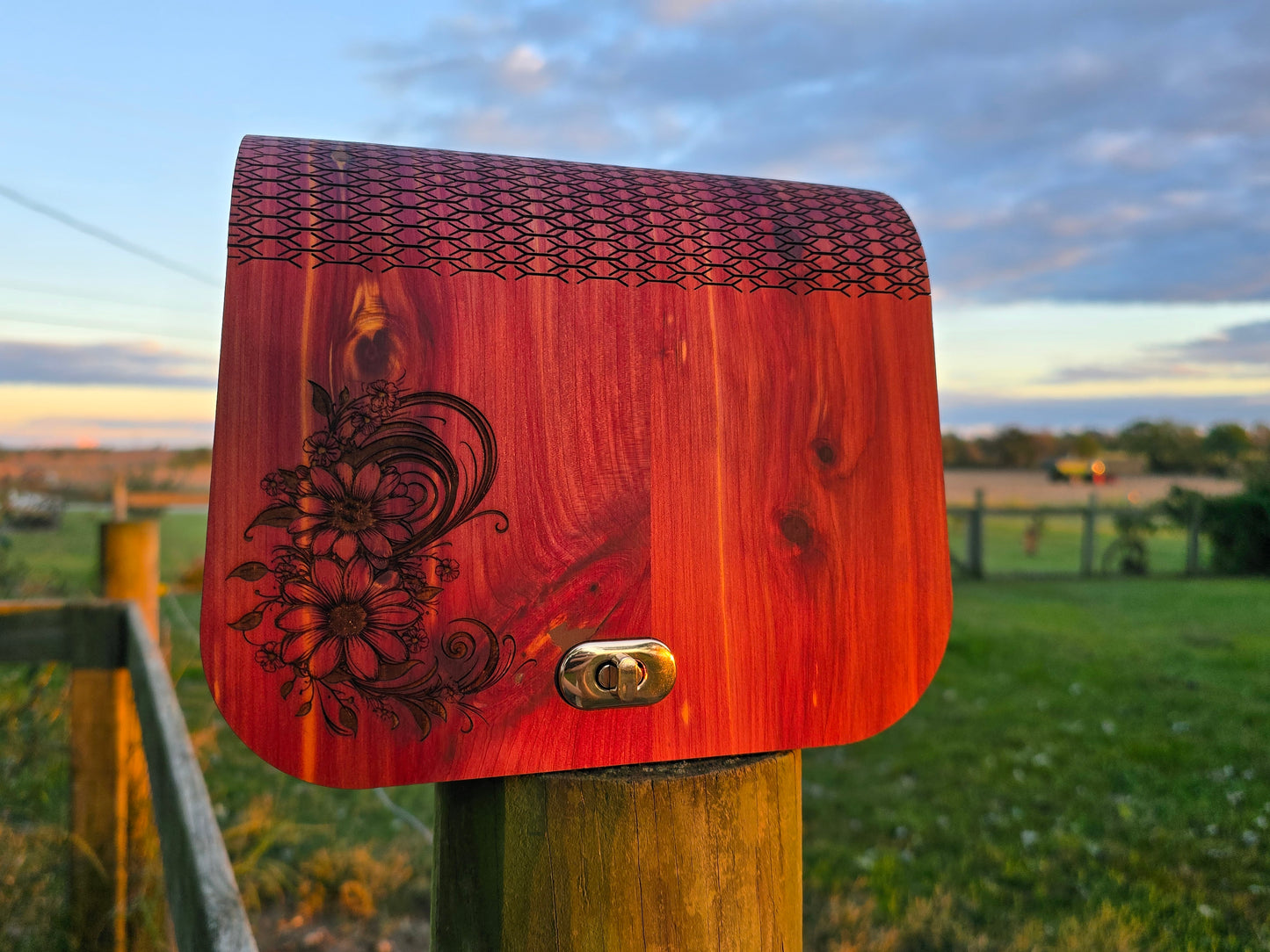 Wood and Leather large wood floral engrave purse